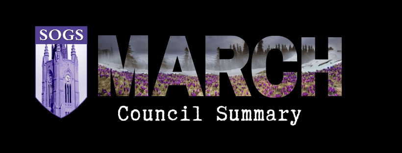 Graphic for the March Summary that has a photograph of purple winter tulips embedded in the word "March"