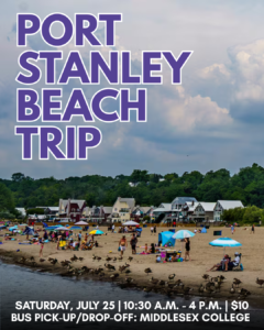 Photograph of Port Stanley beach, background cottages, trees and sky with text "Port Stanley Beach Trip"