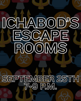 Poster comprised of a repeated pattern of alternating faded images of a trident, mushroom, and radioactive, with text "Ichabod's Escape Rooms."