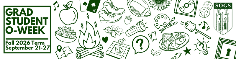 Graphic with white background and dark green illustrations of bon fires, boots, apple, nachos, a map, and more, with the text "Grad Student O-Week."